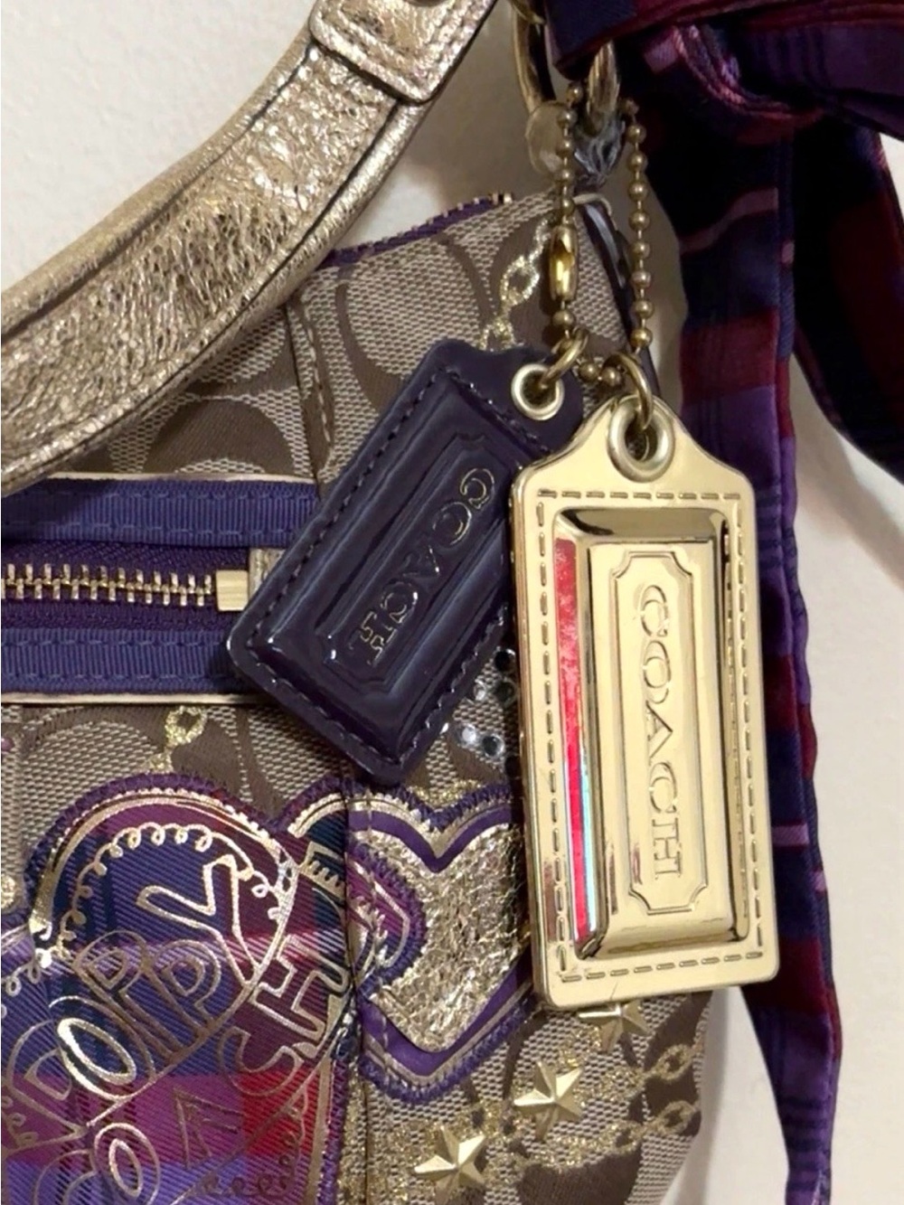 Coach Khaki Signature Canvas Shoulder Bag with Purple Accents - Picture 7 of 10